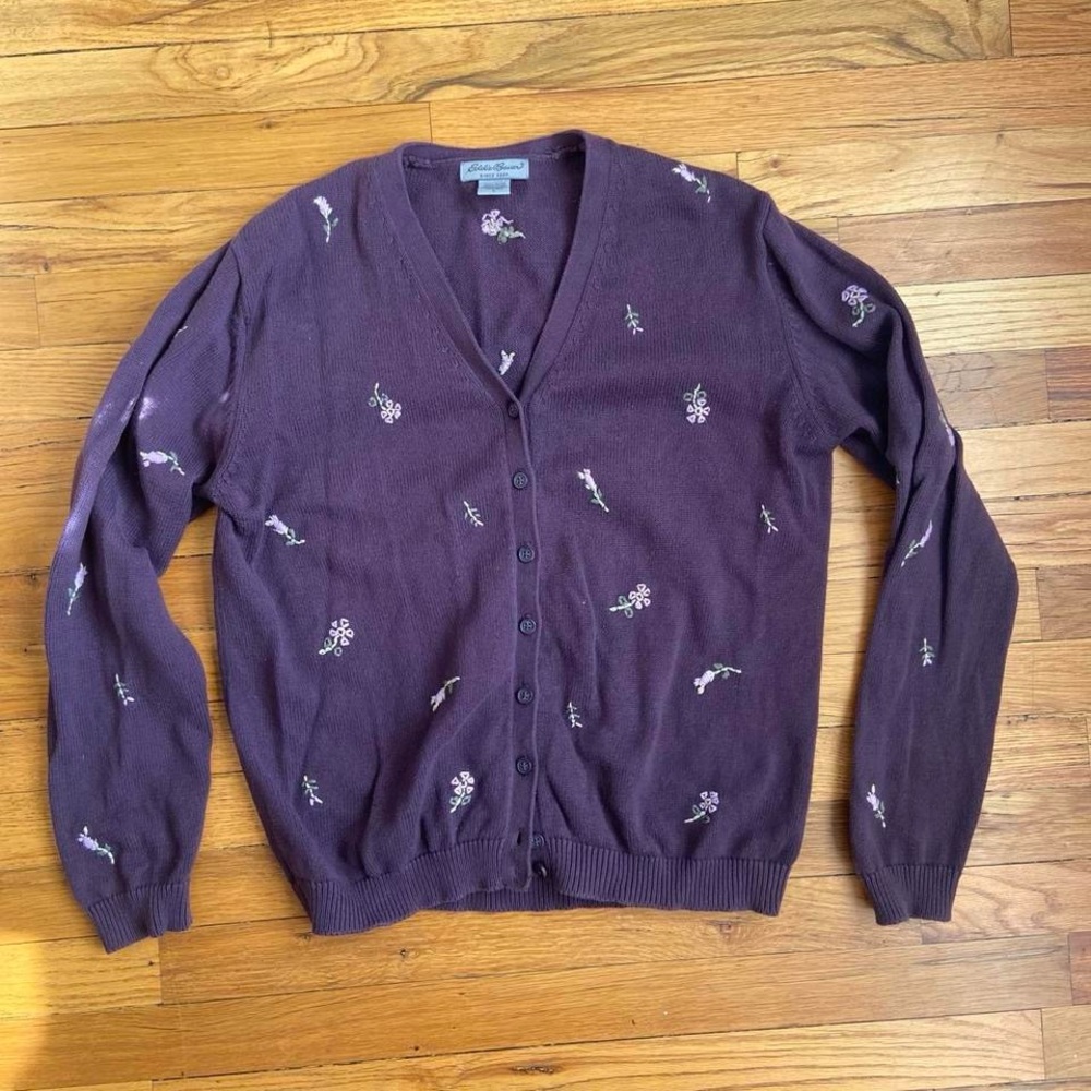 Eddie Bauer Purple Floral Embroidered V-Neck Cardigan